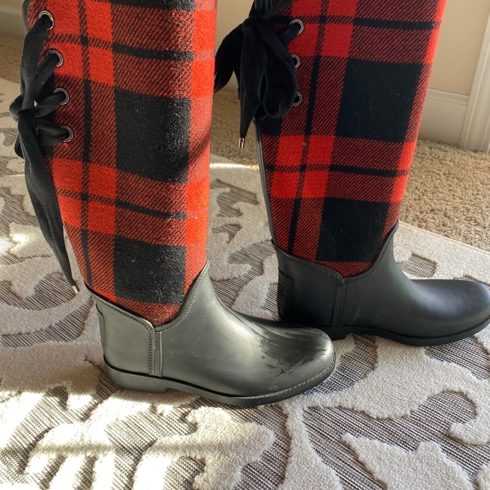 Coach Red and black plaid Tristee rain boots.